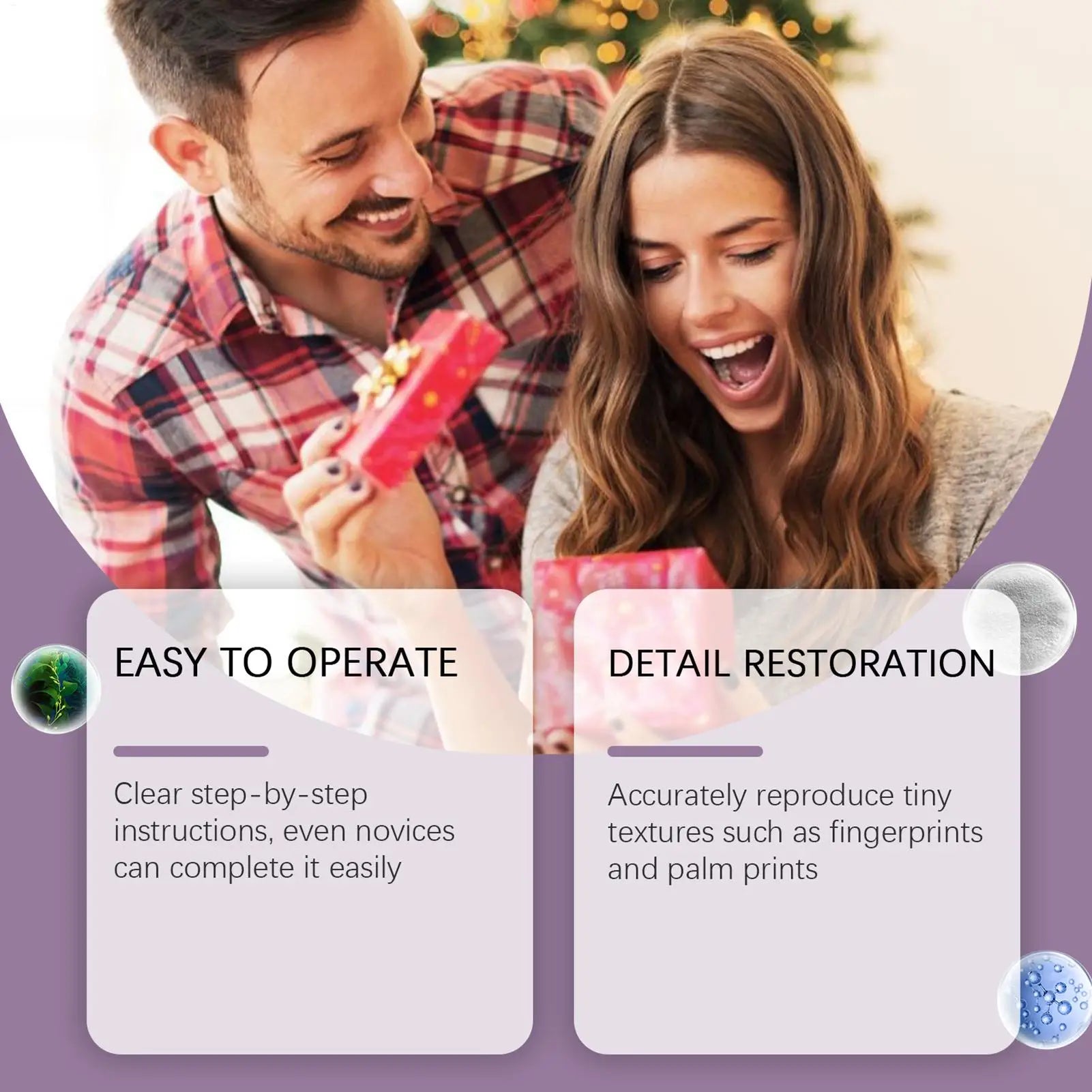 A couple opening a gift with an infographic highlighting easy operation and accurate detailed texture restoration.