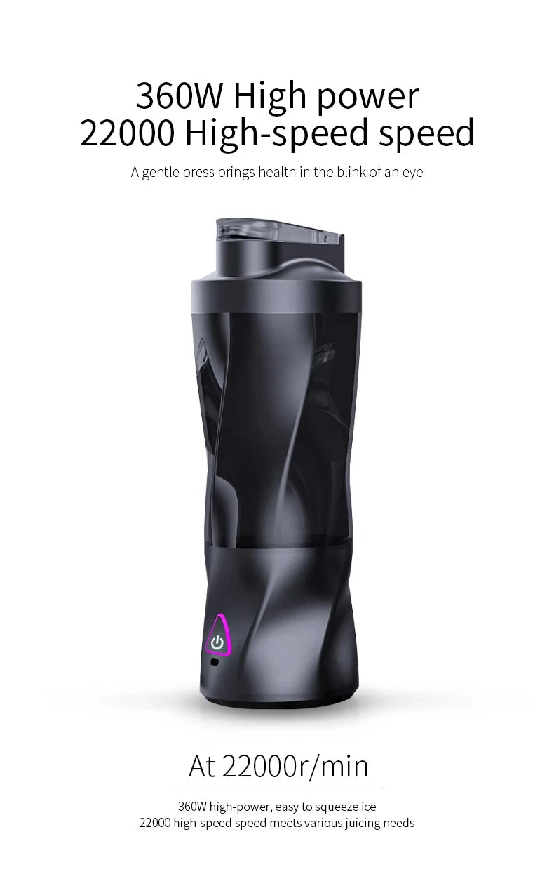 Black portable blender with a modern, twisted cylindrical design and a purple power button icon.