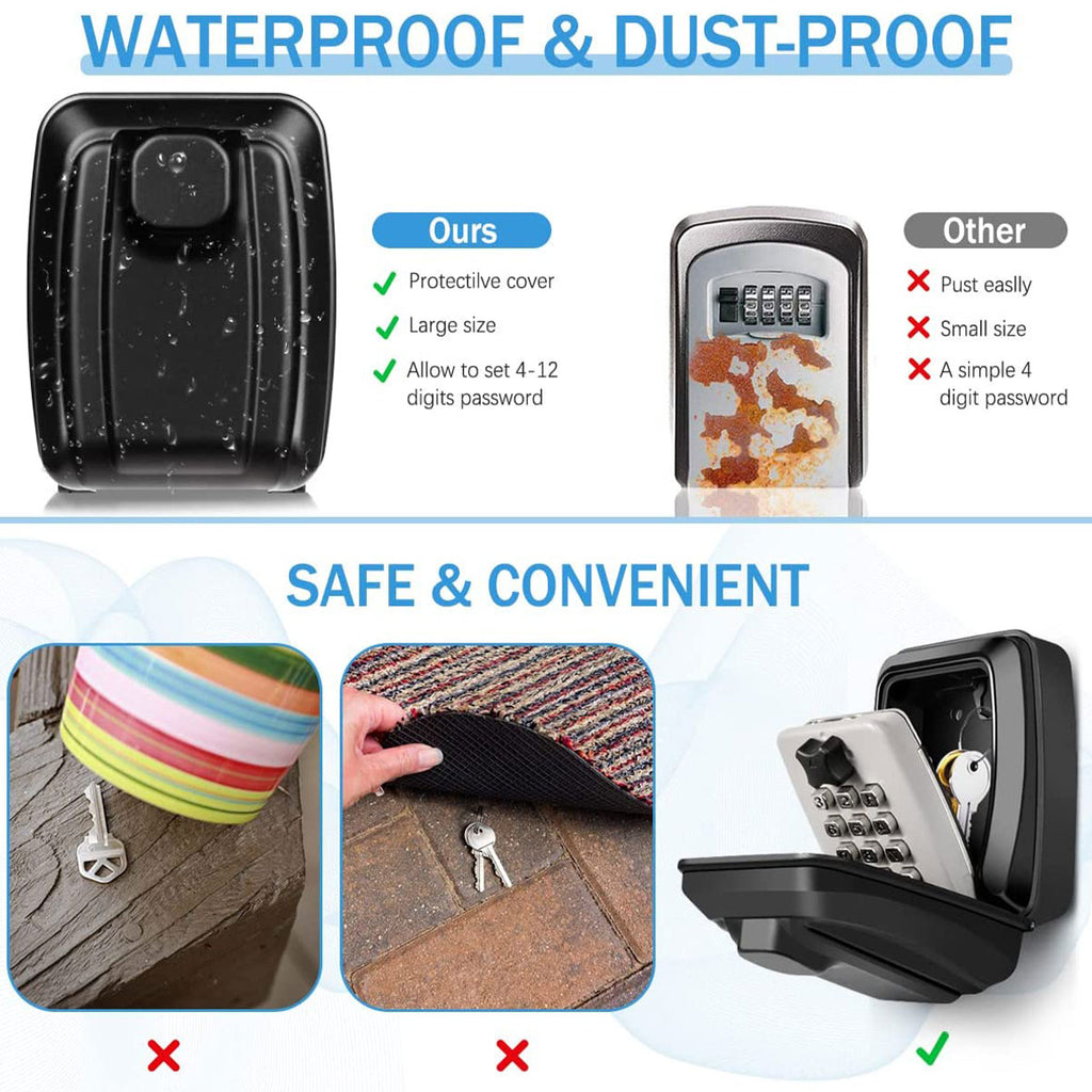Black, waterproof metal key lock box with a protective cover and a customizable numeric keypad.