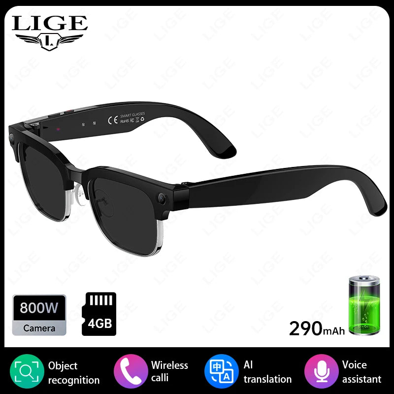 Black smart glasses with built-in camera, featuring AI translation, object recognition and wireless connectivity.