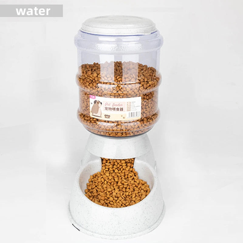 Automatic pet food dispenser with a speckled white base and clear container filled with brown dry kibble.