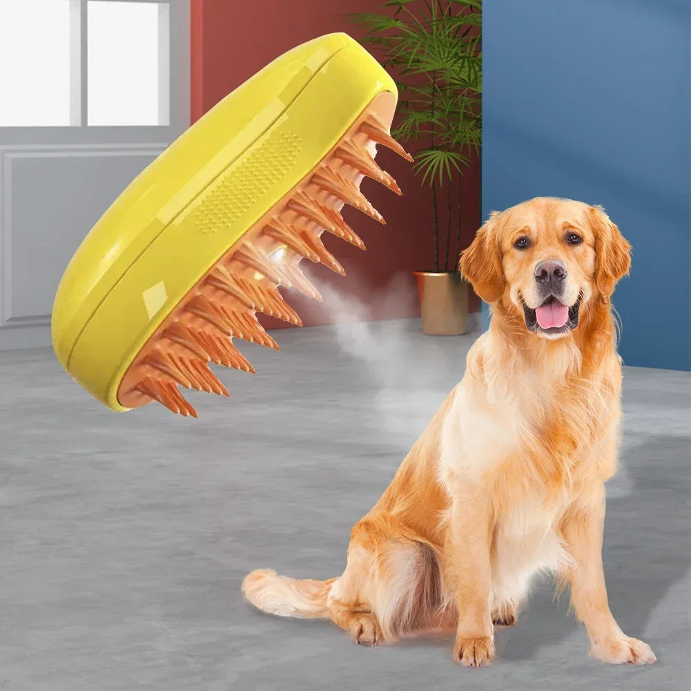 Yellow steam pet grooming brush with silicone bristles, shown next to a Golden Retriever.