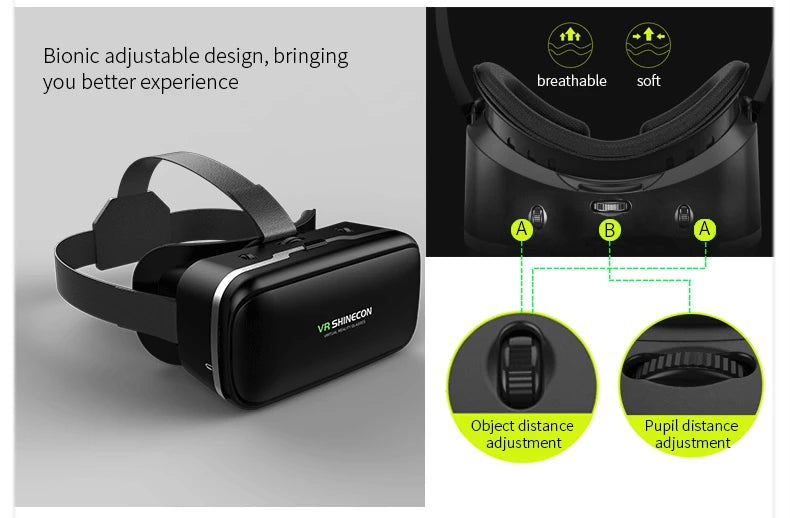 Black smartphone VR headset with adjustable straps, soft breathable padding, and custom lens focus settings.