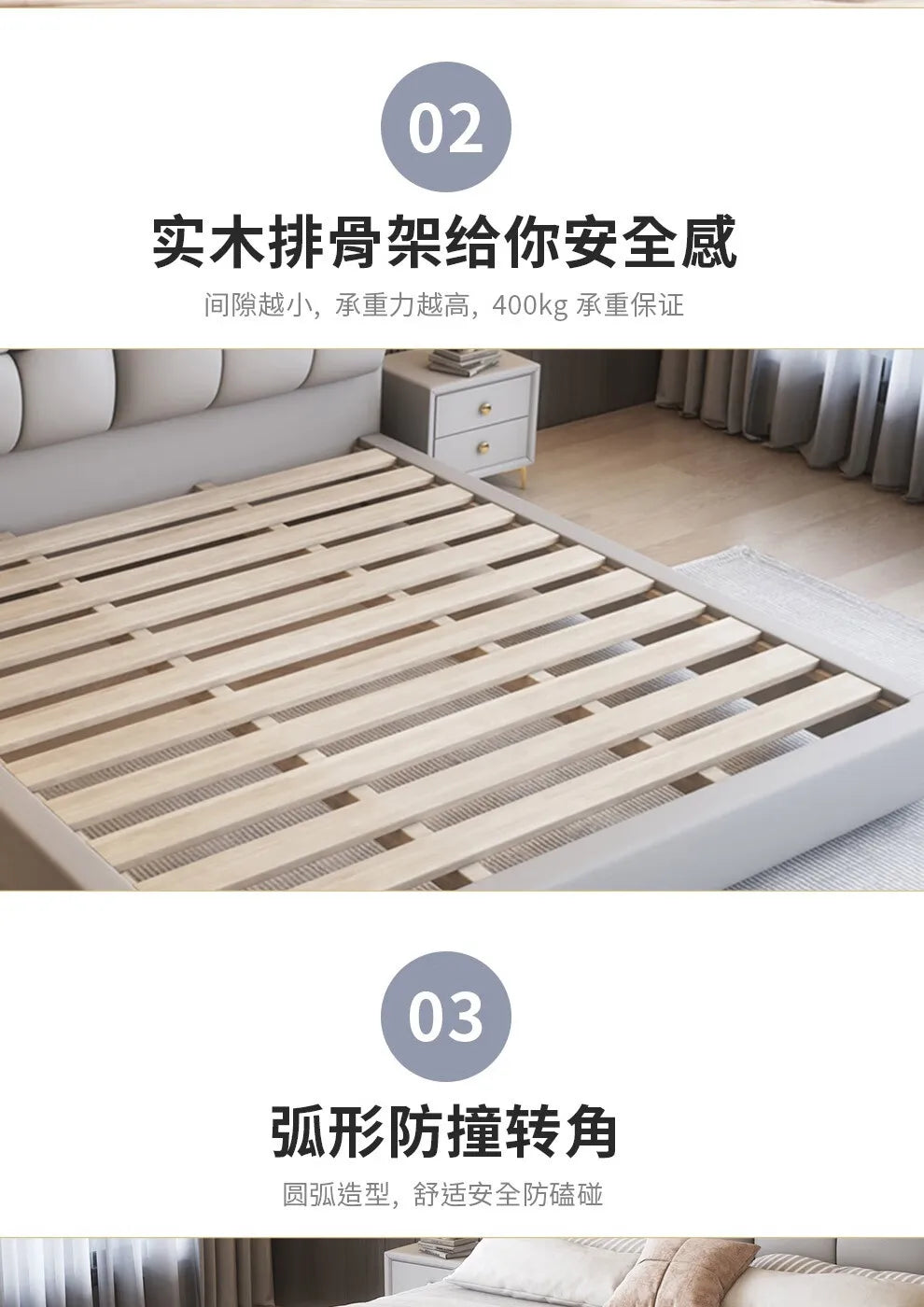 Minimalist queen bed frame in light grey with durable wooden slatted base and rounded, safe-edge corners.