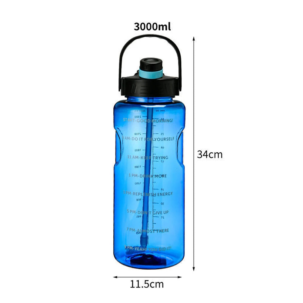 Blue 3-litre water bottle with a straw, black lid, handle, and time-marked hourly intake goals.