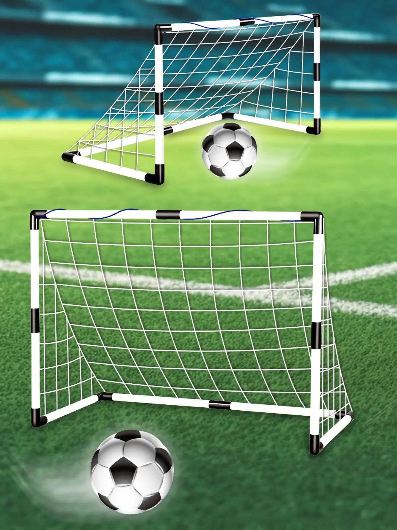 Two portable white and black football goals with white nets, shown on a green field with classic black and white balls.