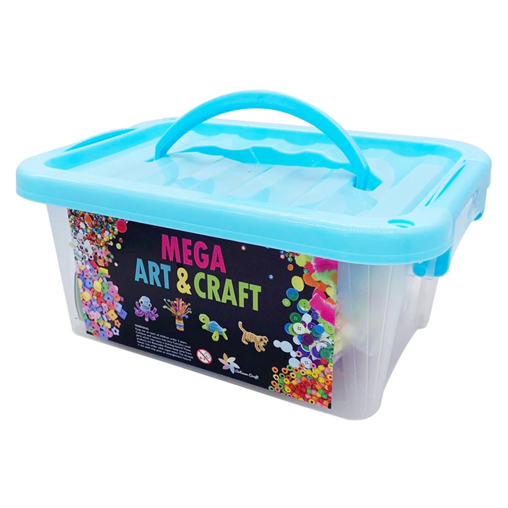 Clear plastic craft storage box with blue lid and handle, filled with assorted colourful art and craft supplies.