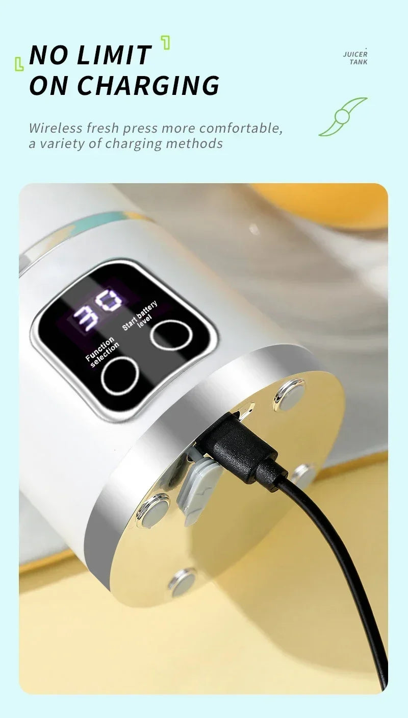 Portable white wireless blender with a digital display showing battery level and a black charging cable attached.