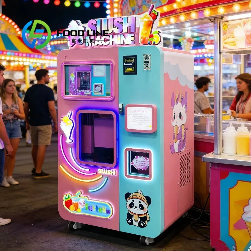 Pink and blue slush vending machine with a screen, dispensing window, neon lights, and cute cartoon graphics.