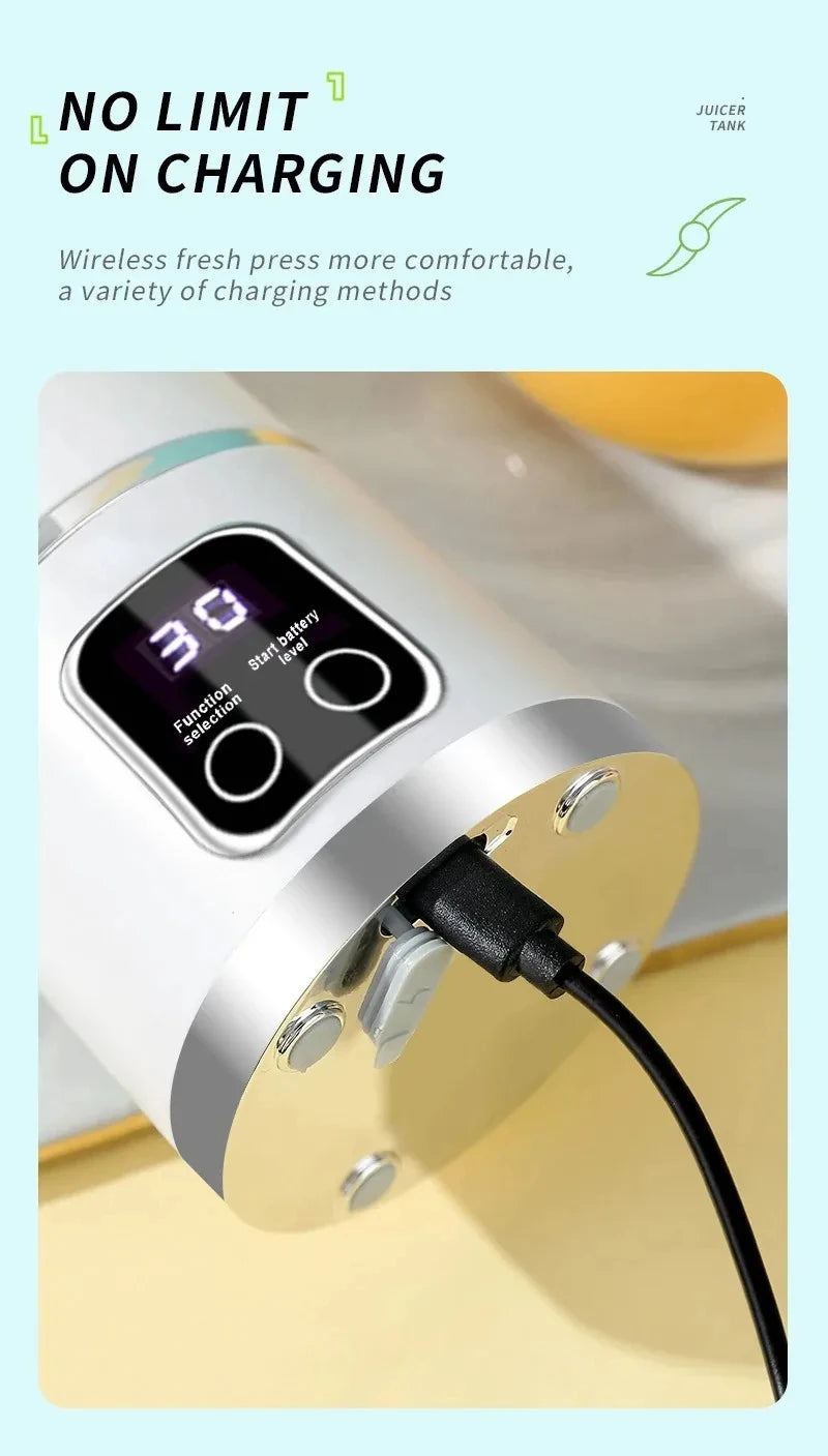 Silver wireless portable juicer with digital display and USB charging cable.