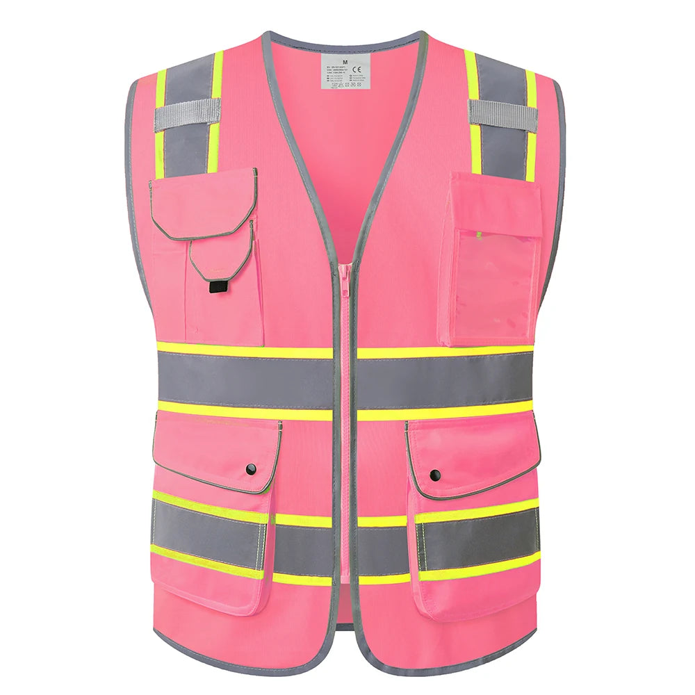 Pink high-visibility utility vest with reflective strips, multiple front pockets, and a front zip fastening.