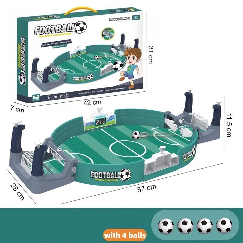 Tabletop football game set featuring a green pitch, two manual player controls, digital scoreboard, and four mini balls.