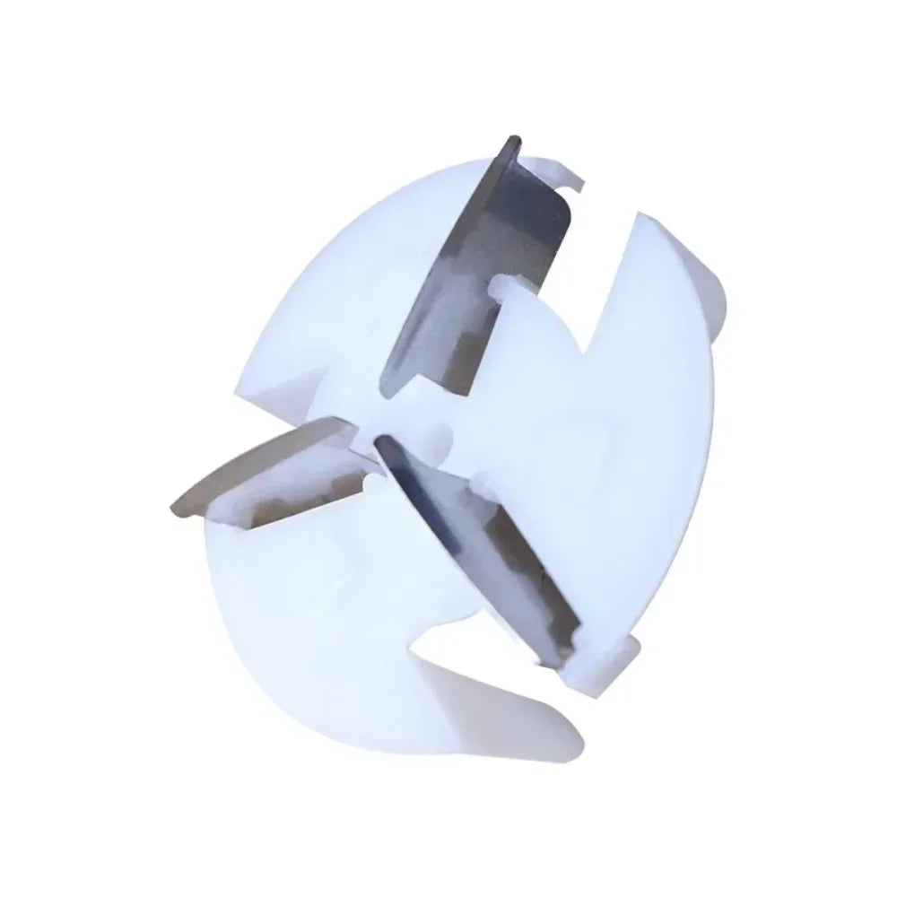 White plastic food processor blade attachment with three stainless steel blades.