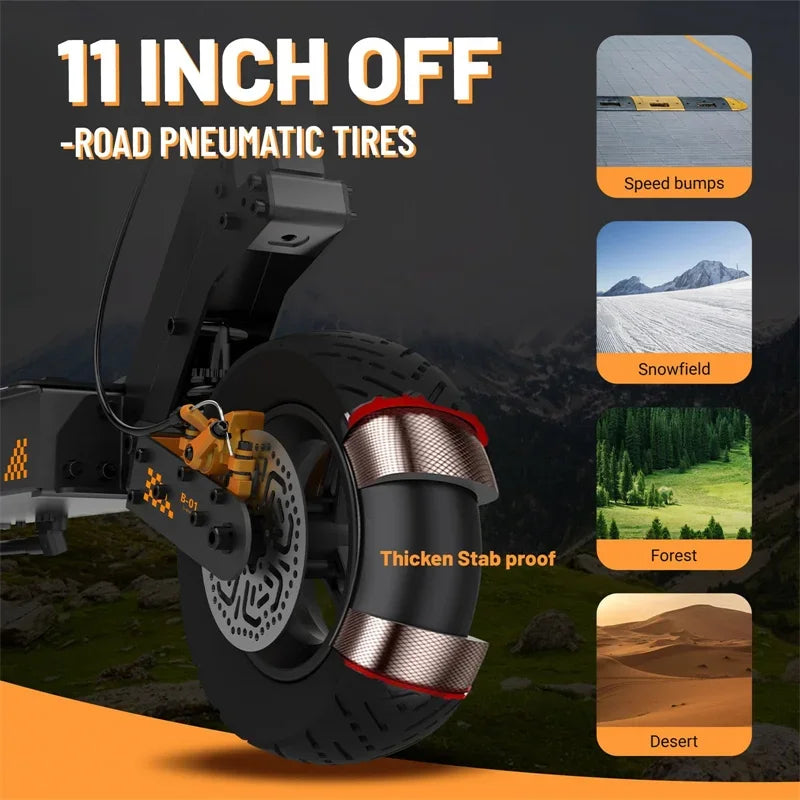 KuKirin G4 electric scooter black 11-inch off-road pneumatic tire with disc brake and orange caliper.