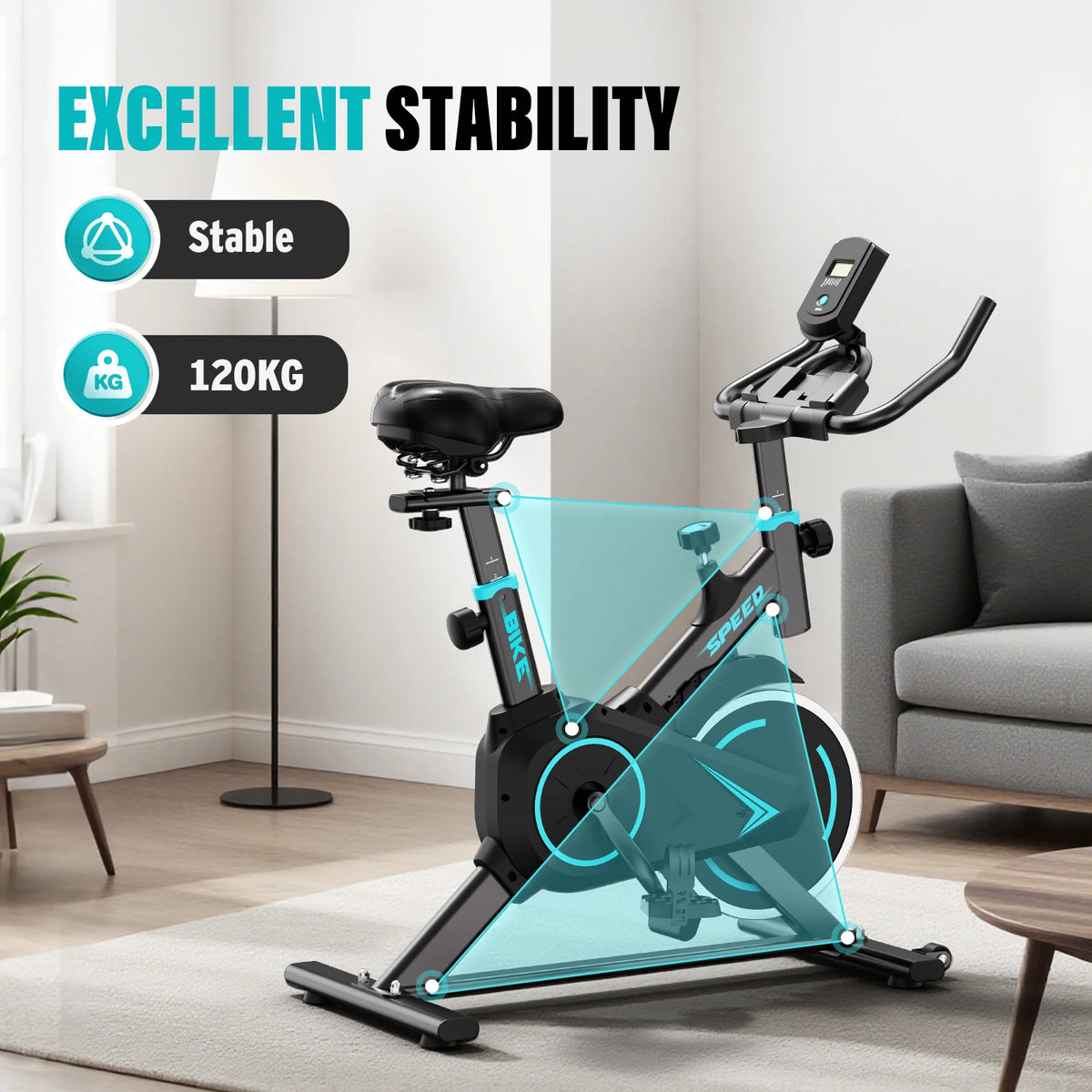 Black upright spin exercise bike with digital display, padded seat, and turquoise accents for home gym fitness.