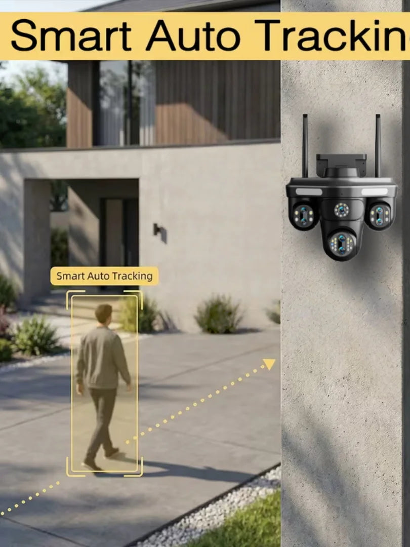 Black 4MP quad-lens outdoor WiFi camera mounted on a wall, tracking a person with smart motion technology.