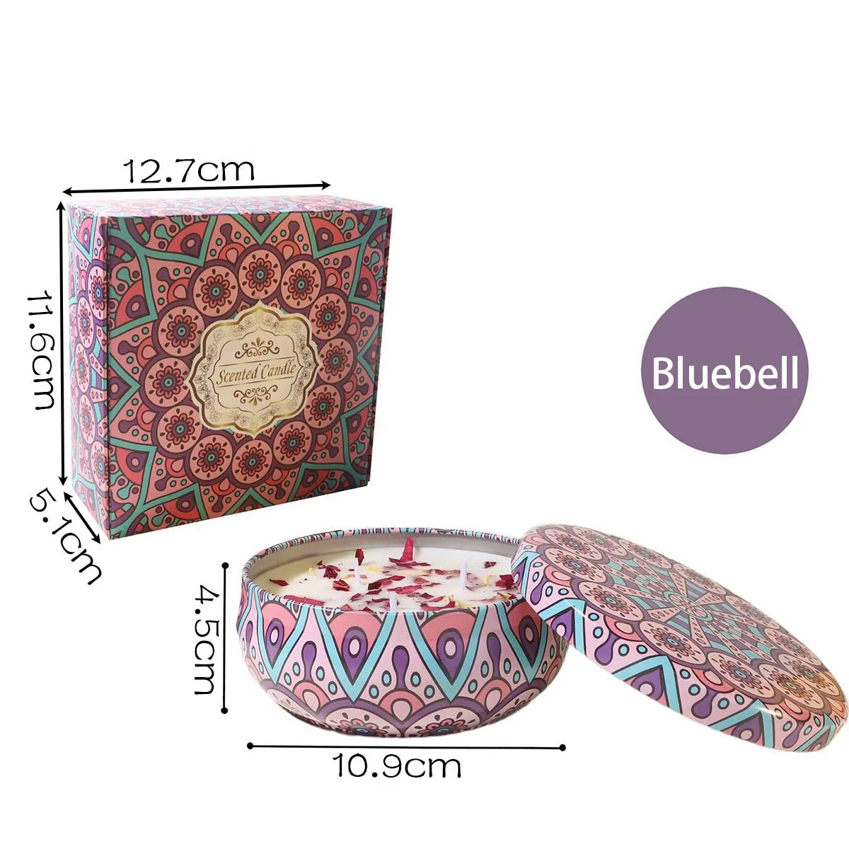 Bluebell scented candle in a decorative tin with mandala print, complete with matching gift box and petal toppings.