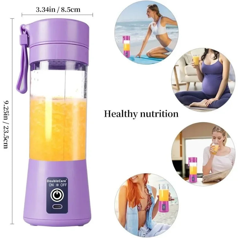 Portable purple personal blender with a wrist strap, showing dimensions and lifestyle photos of people using it.