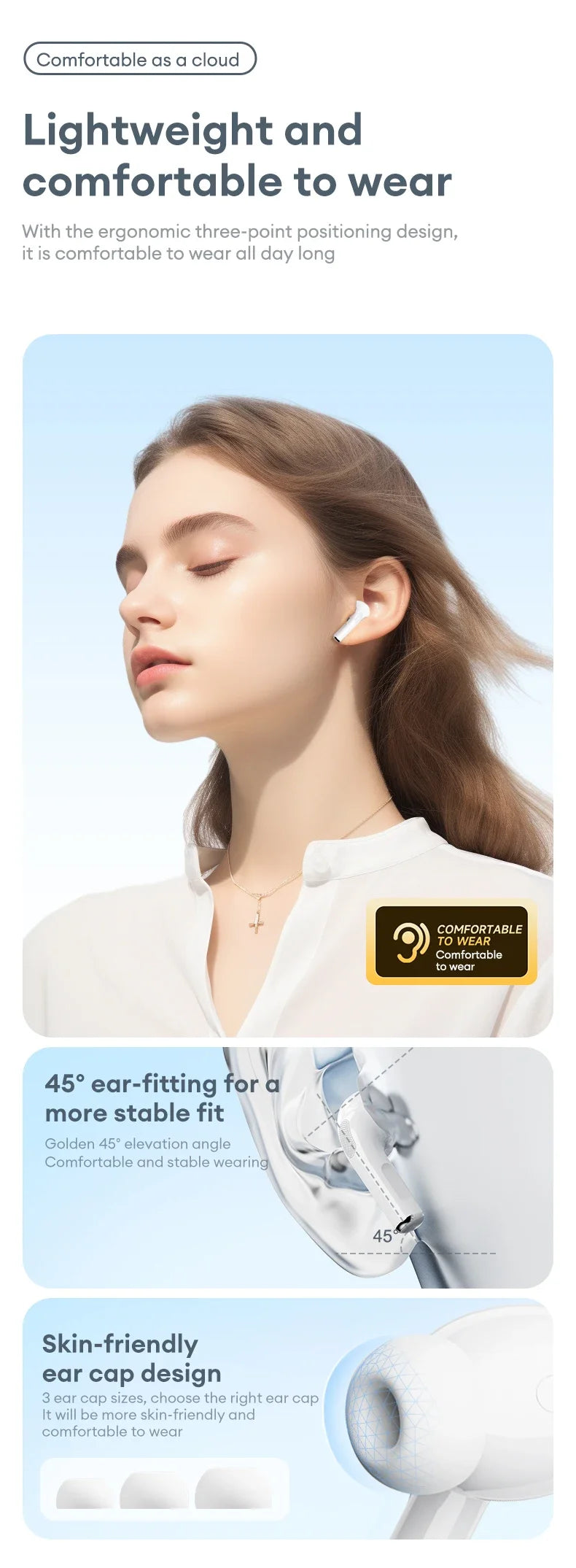 A woman wearing sleek, white, ergonomic in-ear wireless headphones designed for a comfortable, stable 45-degree fit.