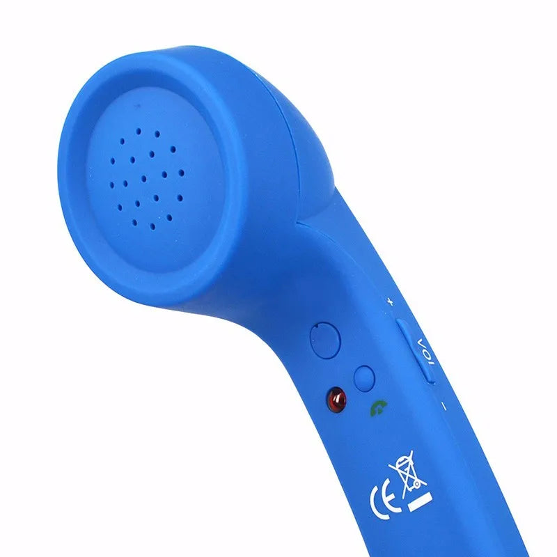 Bright blue retro-style telephone handset with integrated volume buttons and LED call indicator.