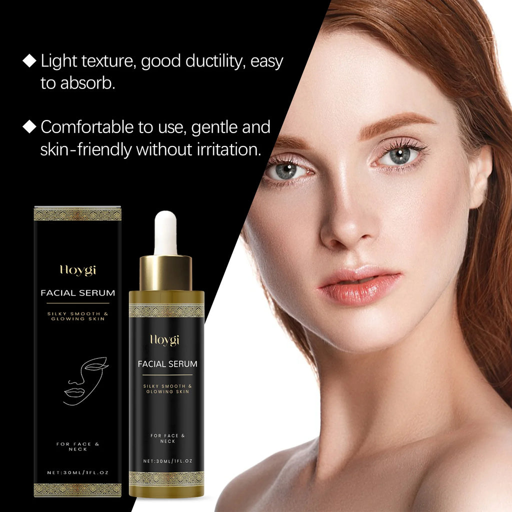 30ml facial serum bottle in black and gold packaging with a dropper, next to a woman with smooth, radiant skin.