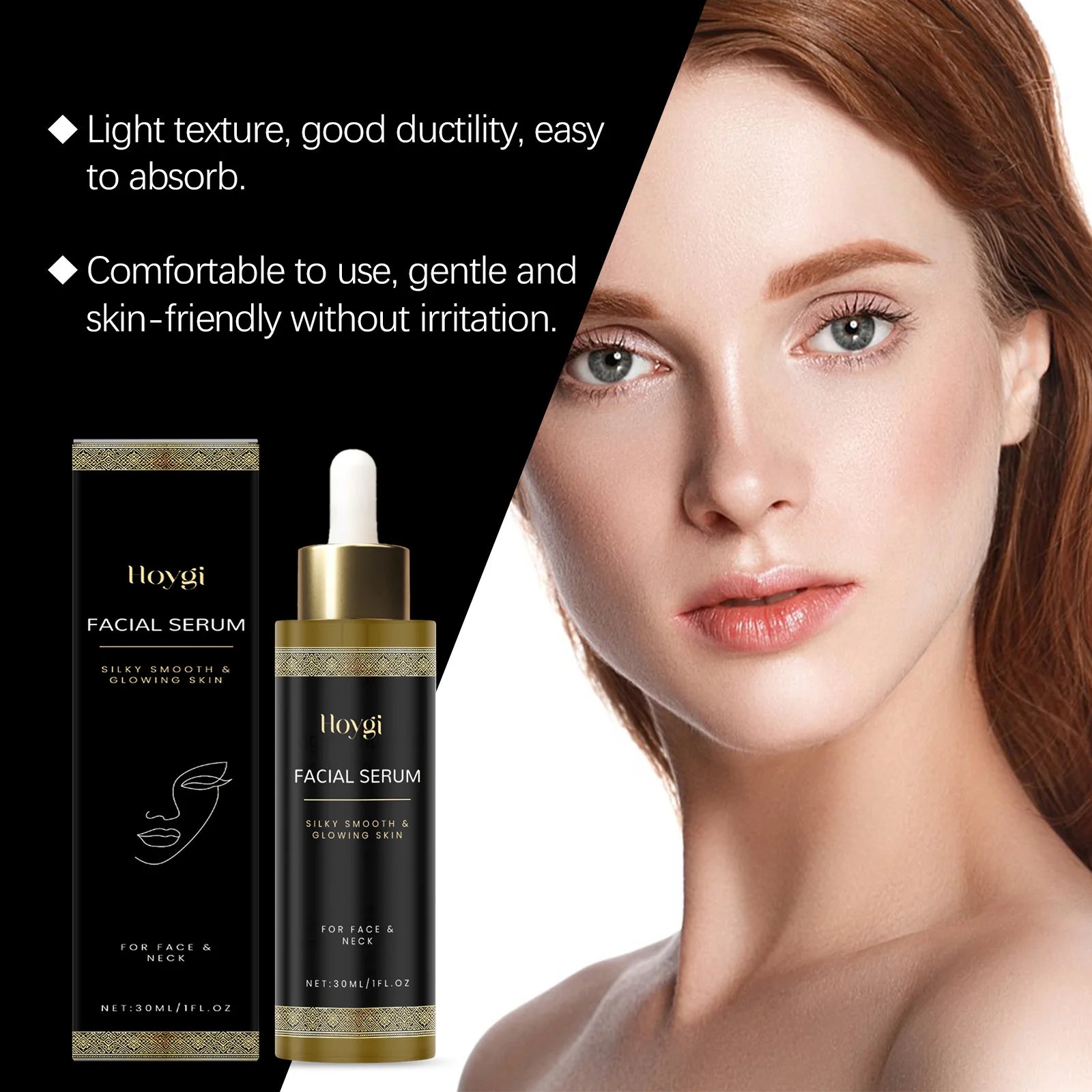 30ml facial serum bottle in black and gold packaging with a dropper, next to a woman with smooth, radiant skin.