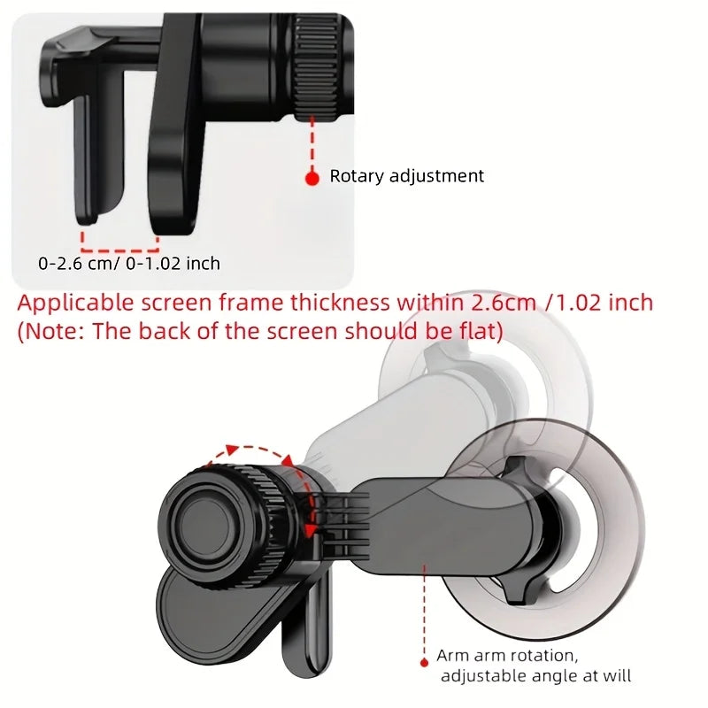 Black adjustable monitor mount clip with a rotary knob for secure attachment to flat-backed screens.