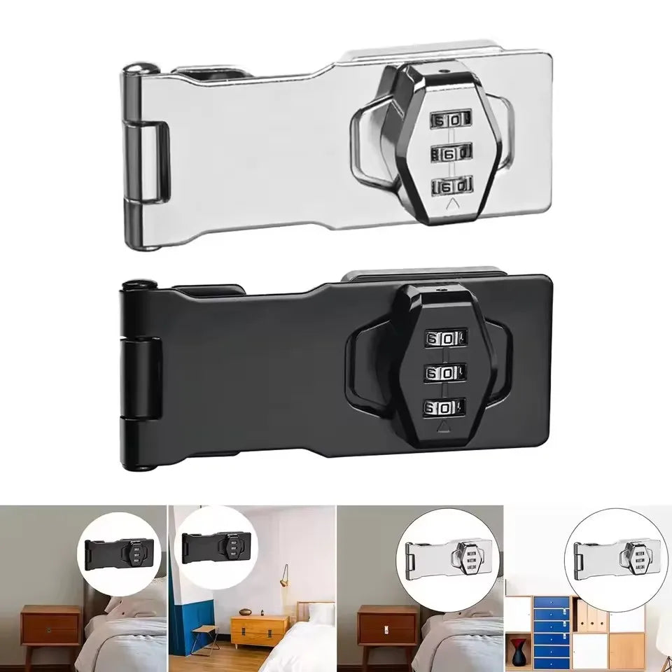 Silver and black metal latch locks with integrated three-digit combination dials.