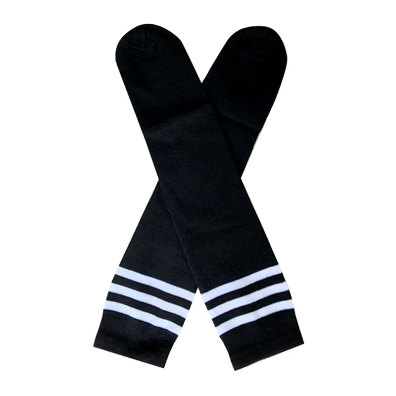 Pair of black knee-high socks featuring three horizontal white stripes at the cuffs.