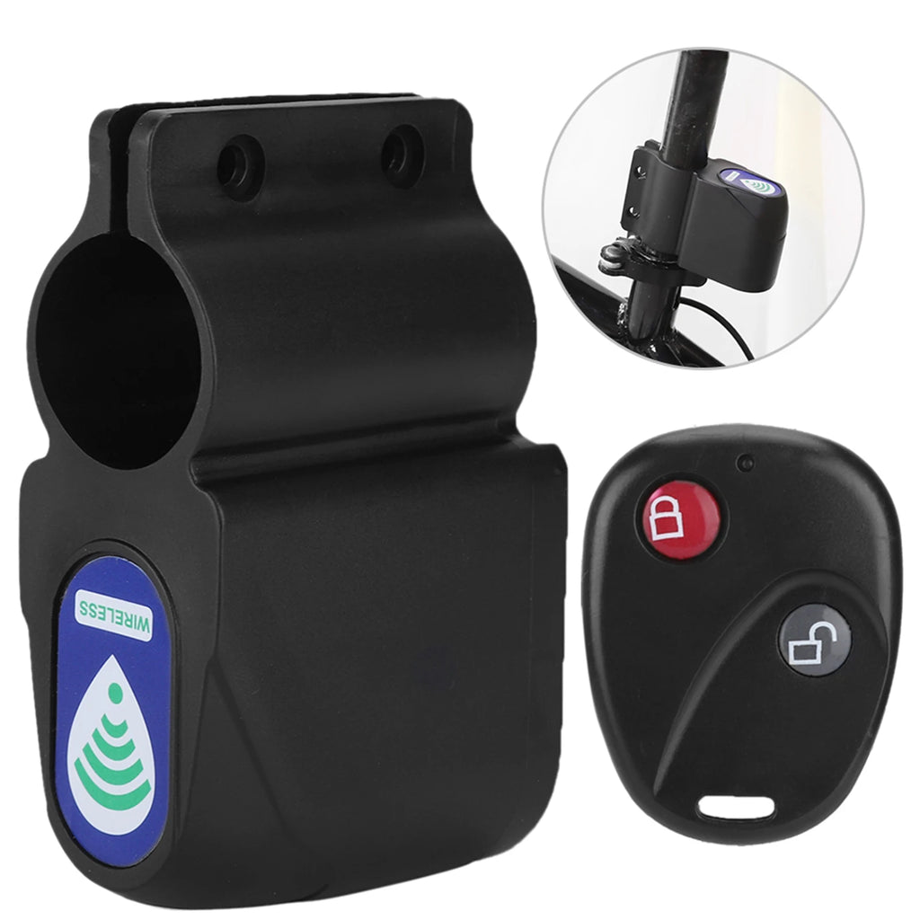 Black plastic wireless bike security alarm mount with a remote control featuring lock and unlock buttons.
