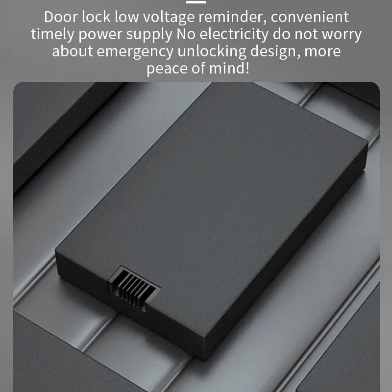 Rectangular matte black plastic smart door lock battery pack with an integrated electrical contact port.