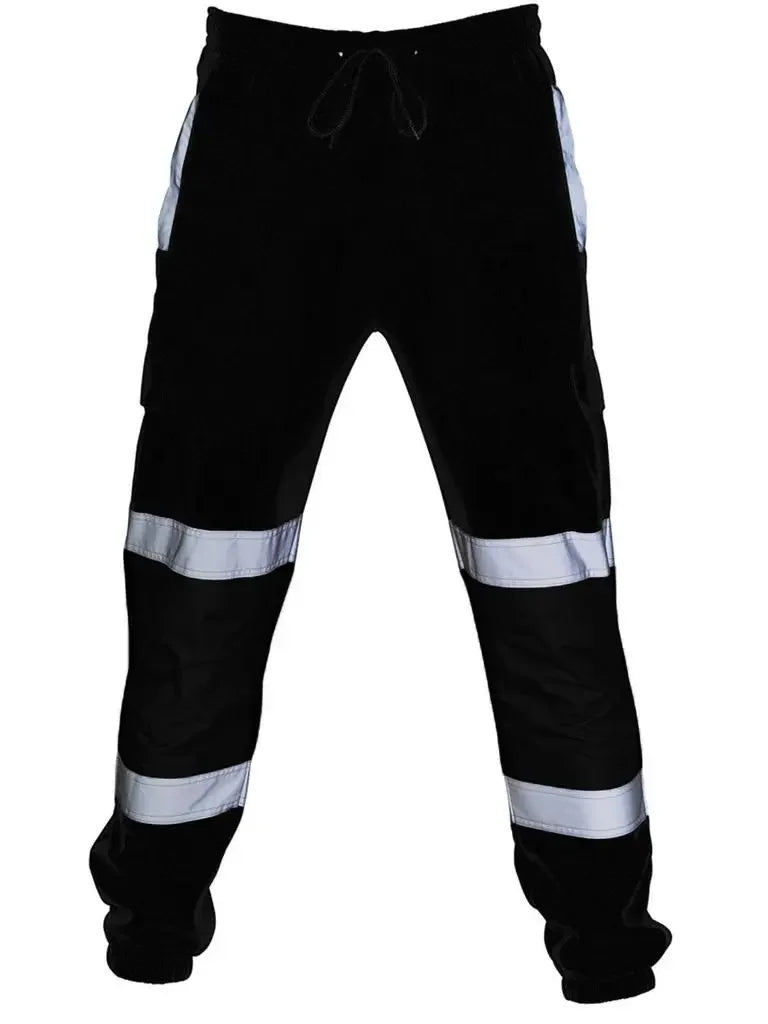 Men's black workwear joggers with reflective side stripes and dual horizontal reflective bands on the lower legs.
