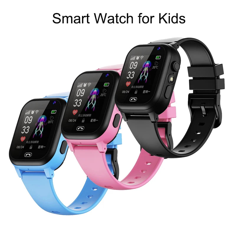 Three kids' smartwatches with touchscreens, shown in blue, pink, and black, featuring built-in cameras and games.