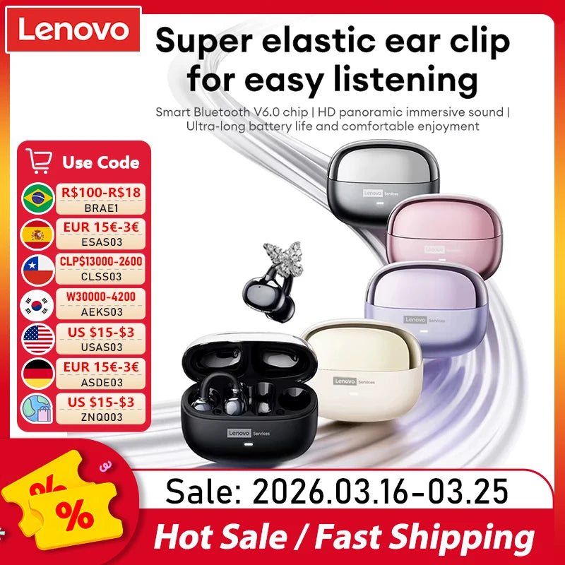 Wireless ear clip earbuds in various pastel and neutral colors with matching charging cases.