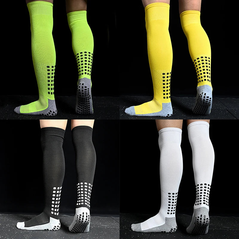 Four pairs of knee-high sports socks with anti-slip grip soles, available in neon green, yellow, black, and white.