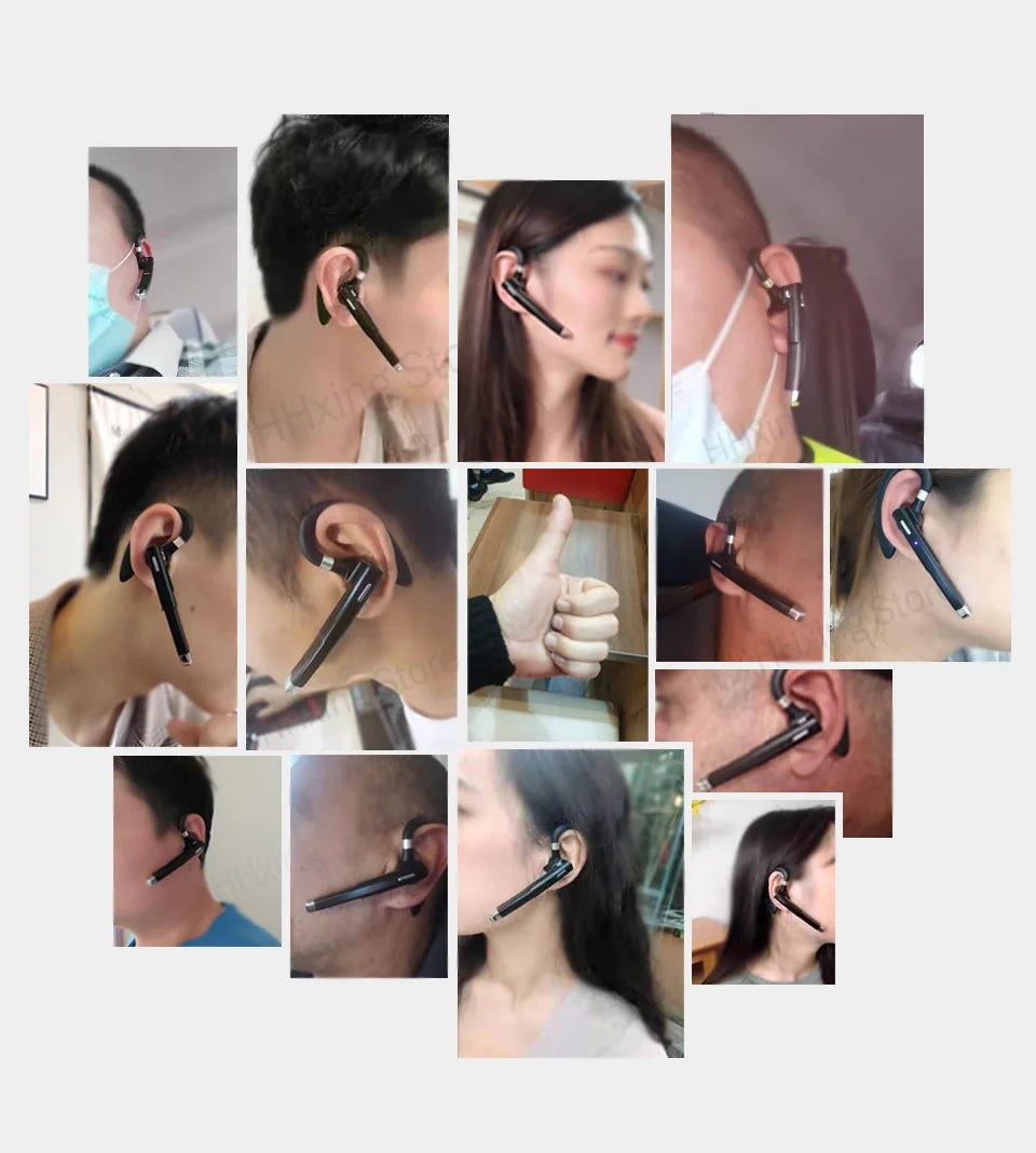 Collage showing a black, ergonomic wireless Bluetooth ear-hook headset with a microphone, worn by various people.