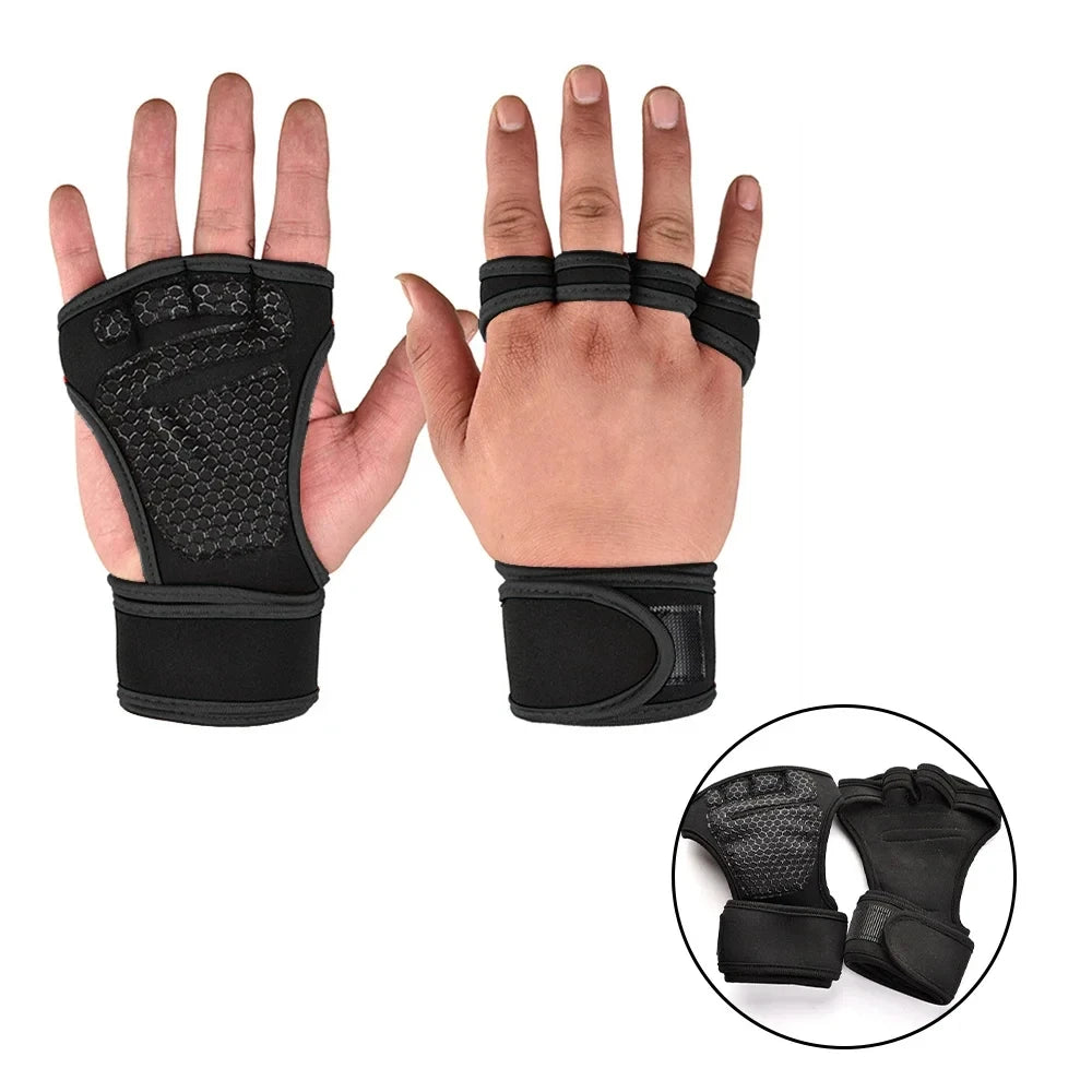 Black fingerless gym gloves with textured grip palm pads and supportive wrap-around wrist straps.