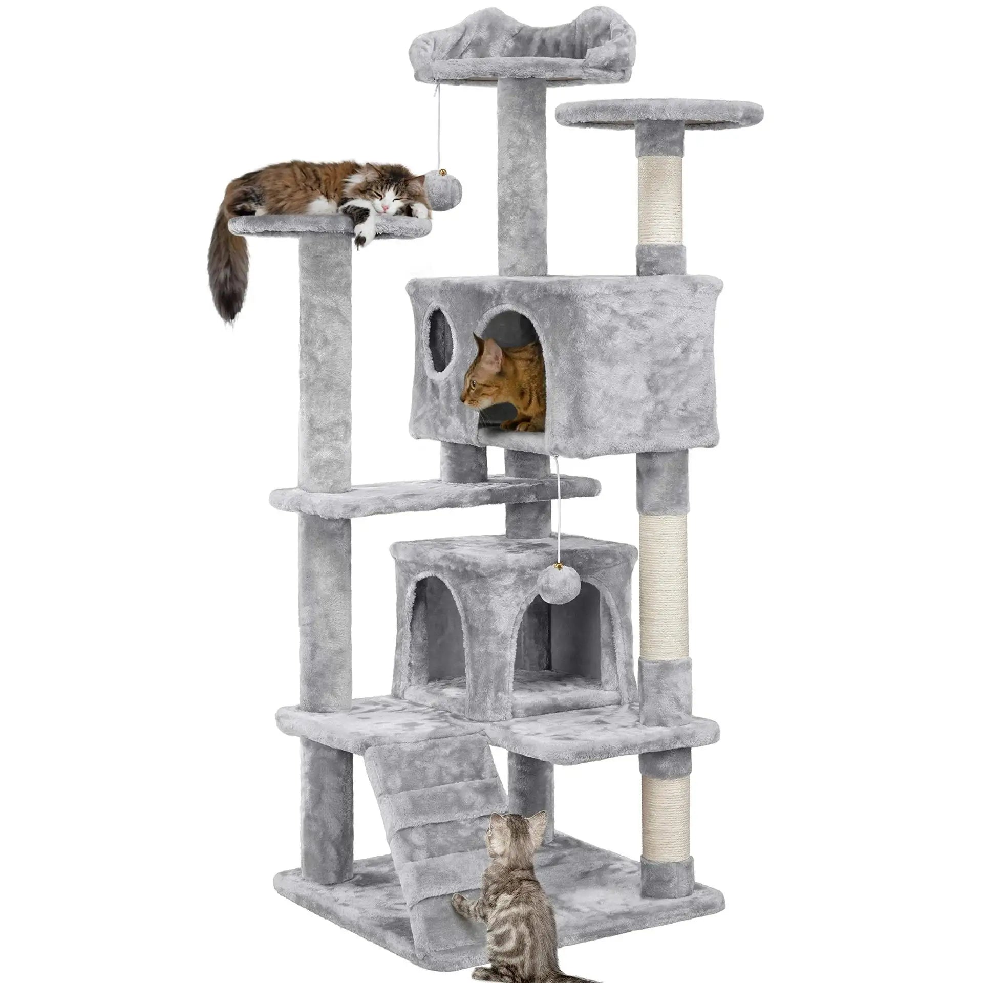 Large grey multi-level cat tree with plush condos, scratching posts, platforms, and hanging play balls.