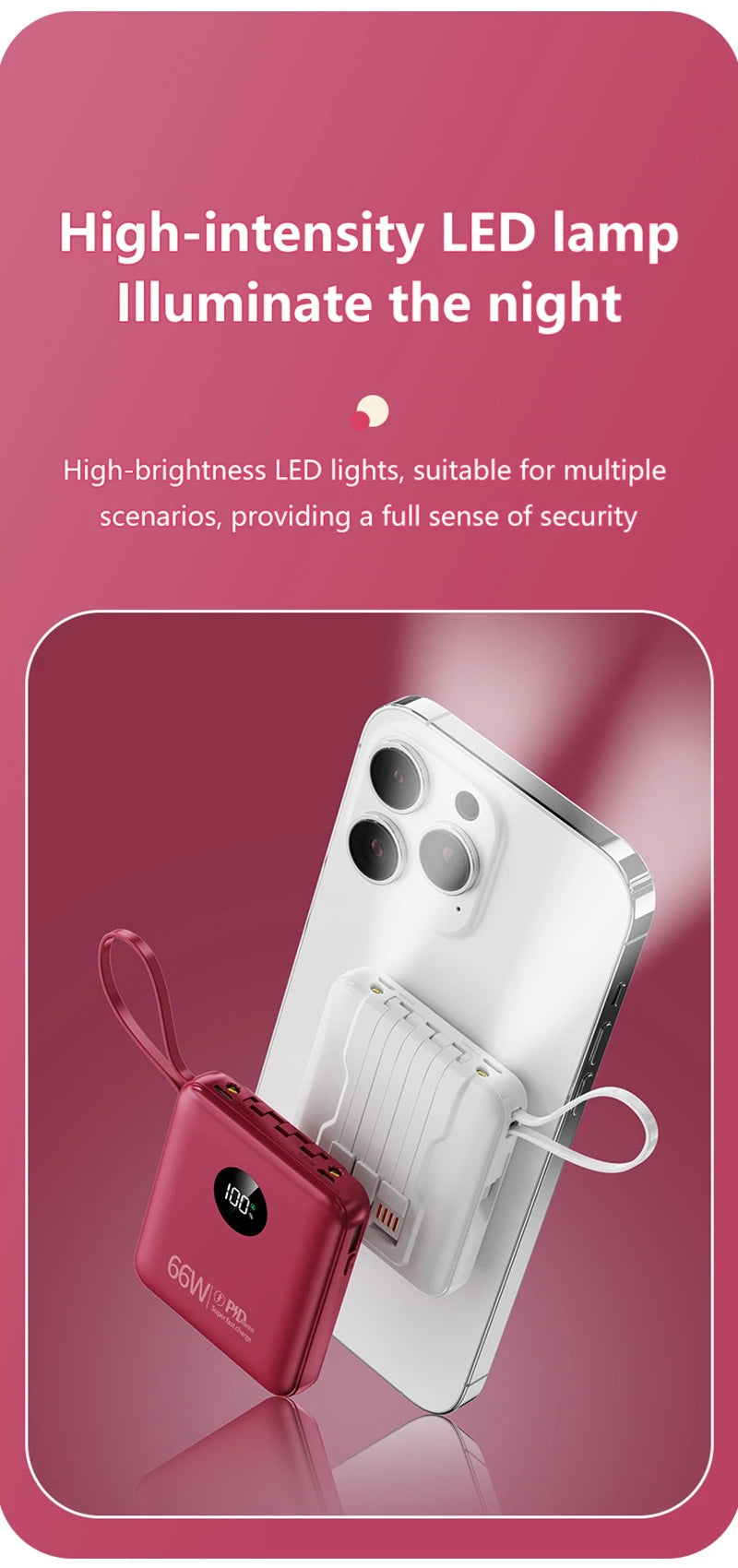 Red portable power bank with digital display, built-in cables, and integrated LED light attached to the back of a phone.