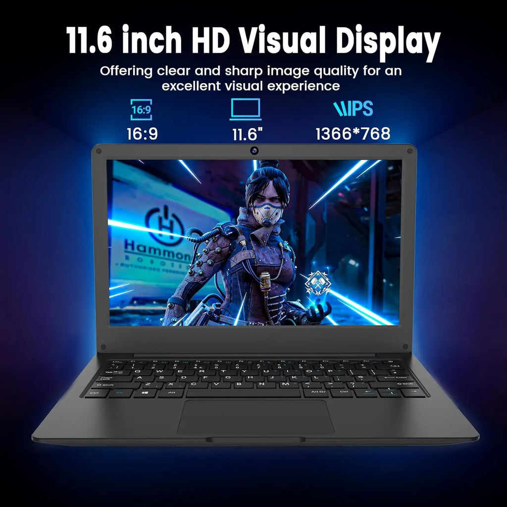 Slim black 11.6-inch laptop with a crisp HD display, showing gaming graphics and a compact, modern keyboard layout.