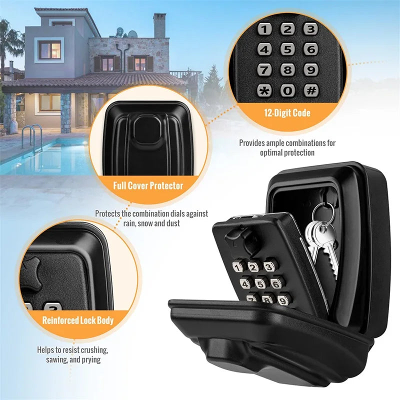 Black metal wall-mounted key lock box with a protective cover and a 12-button keypad for combination access.