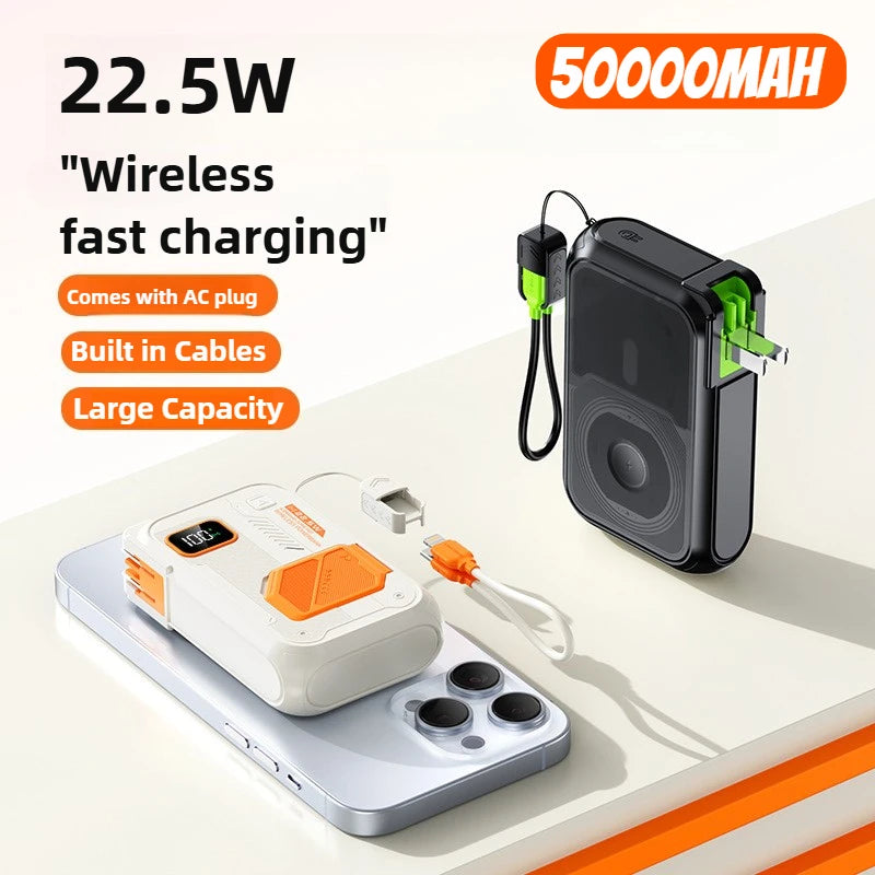 Black and white magnetic wireless power banks with built-in cables, AC plugs, and digital battery displays.