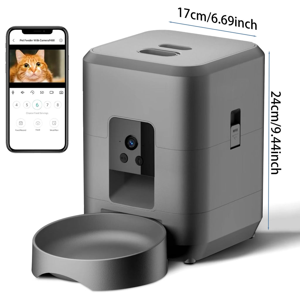 Grey smart pet feeder with camera and bowl. Minimalist, boxy design, app-controlled, with dimensions labeled.