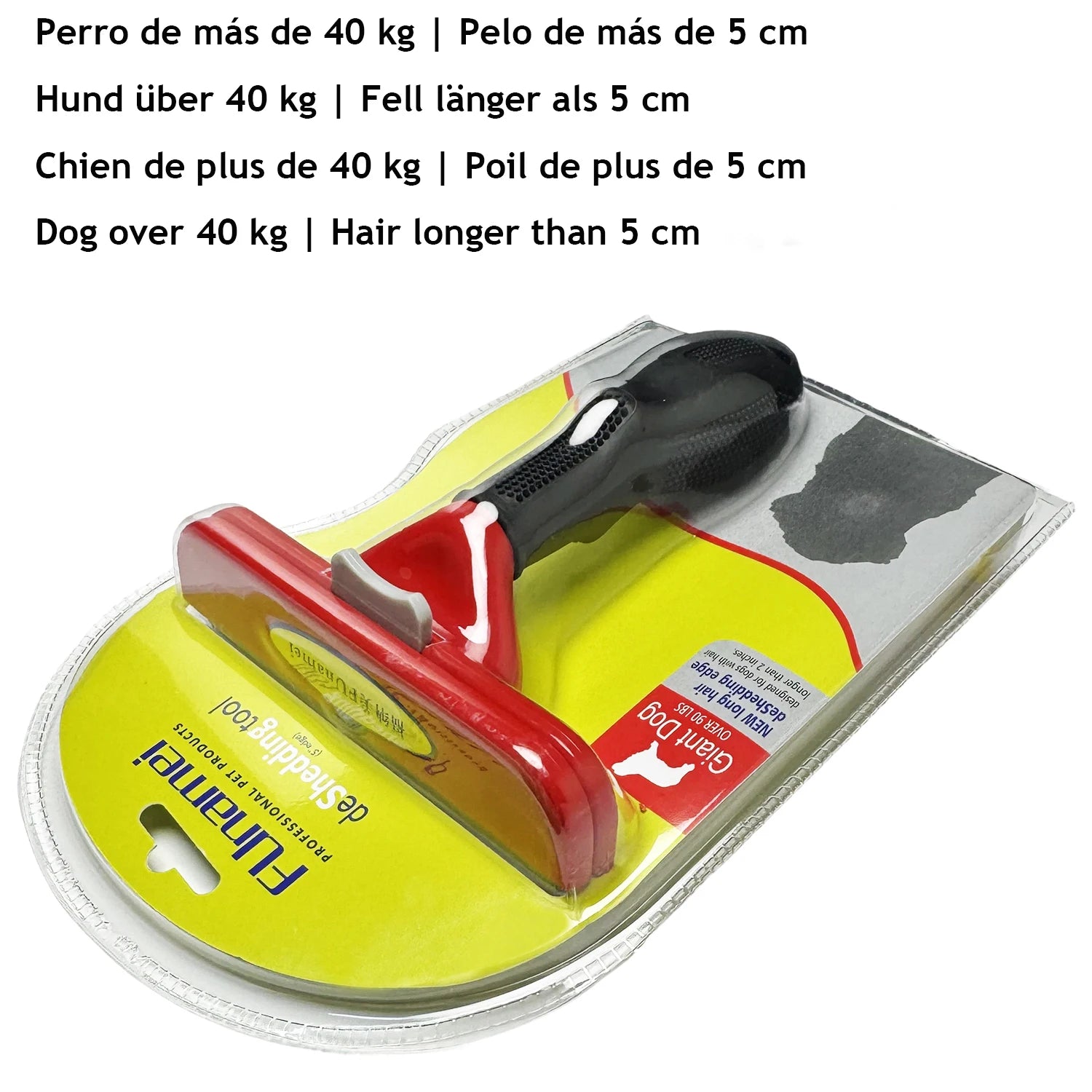 Red and black de-shedding tool for giant dogs with long hair, in original yellow and clear plastic packaging.