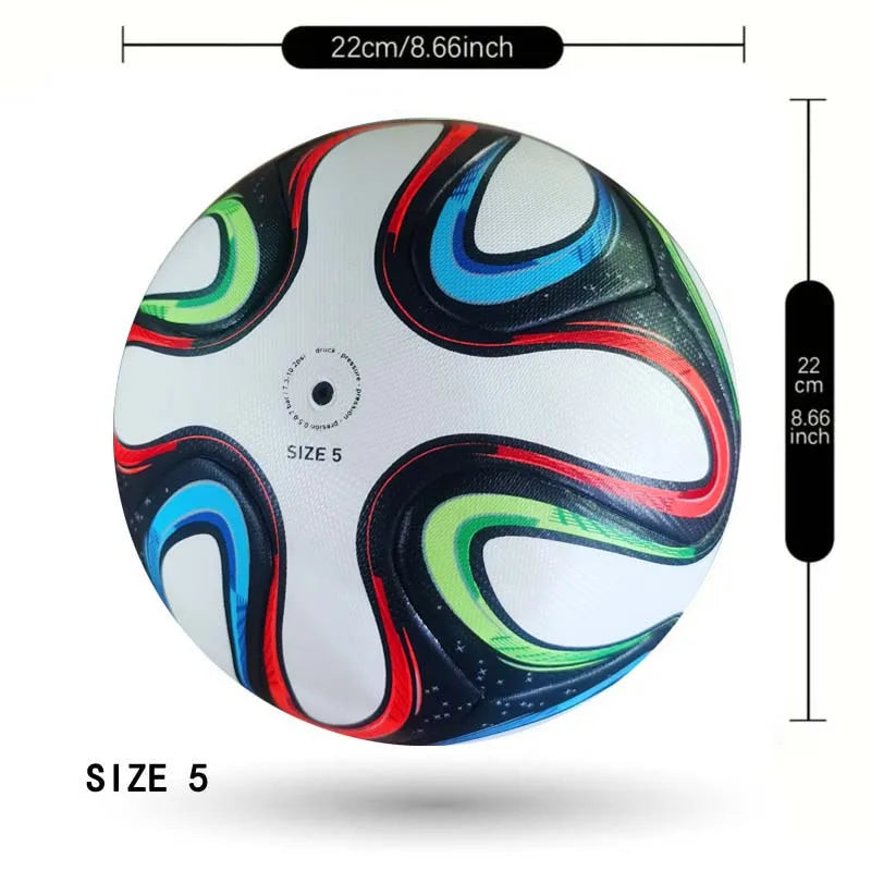 Size 5 football with a white base and vibrant, swirling black, blue, red, and green graphic patterns.