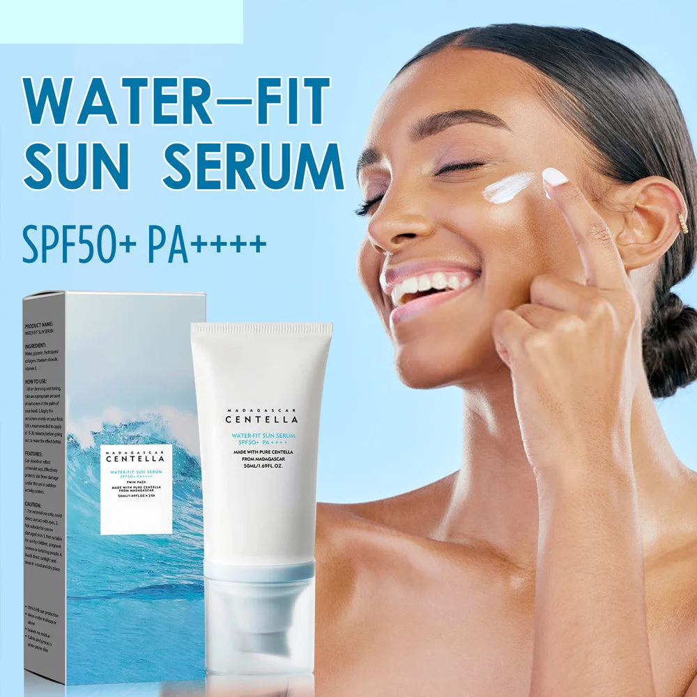 Woman applying white SPF 50+ sun serum from a sleek white tube next to its blue ocean-themed packaging.