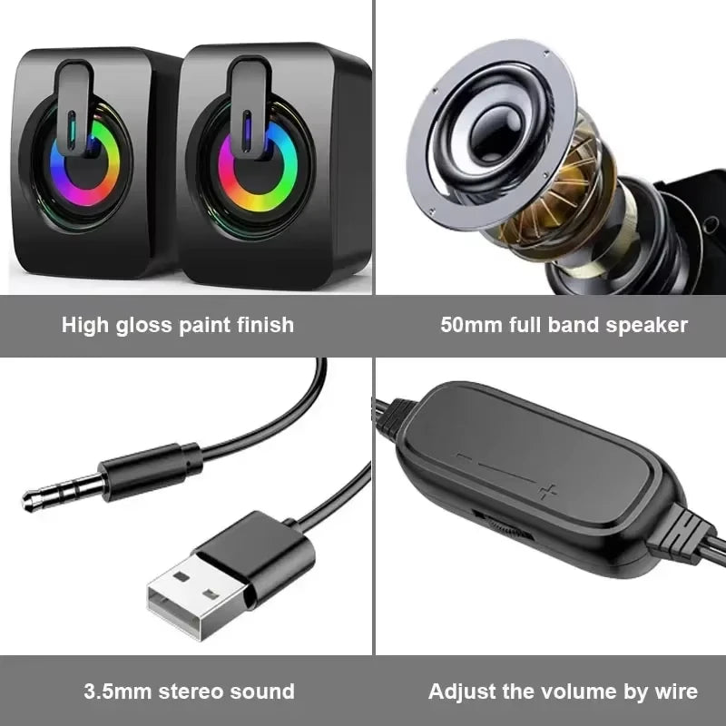 Black wired stereo speakers with RGB lighting, 50mm drivers, 3.5mm jack, USB power, and in-line volume control.