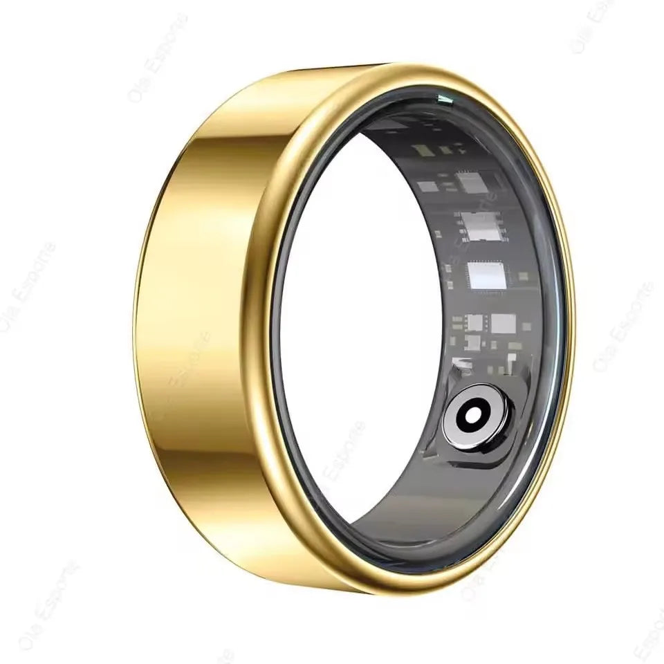 A sleek, polished gold smart fitness ring showing the inner sensors and electronic components.