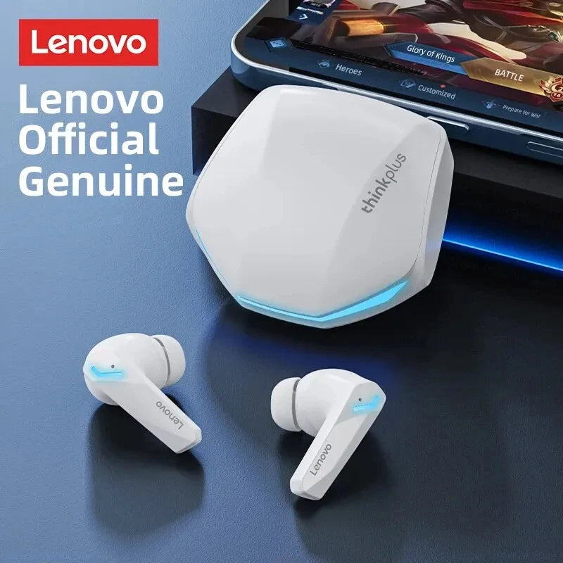 White wireless earbuds with a futuristic charging case, featuring sleek geometric design and blue LED accents.