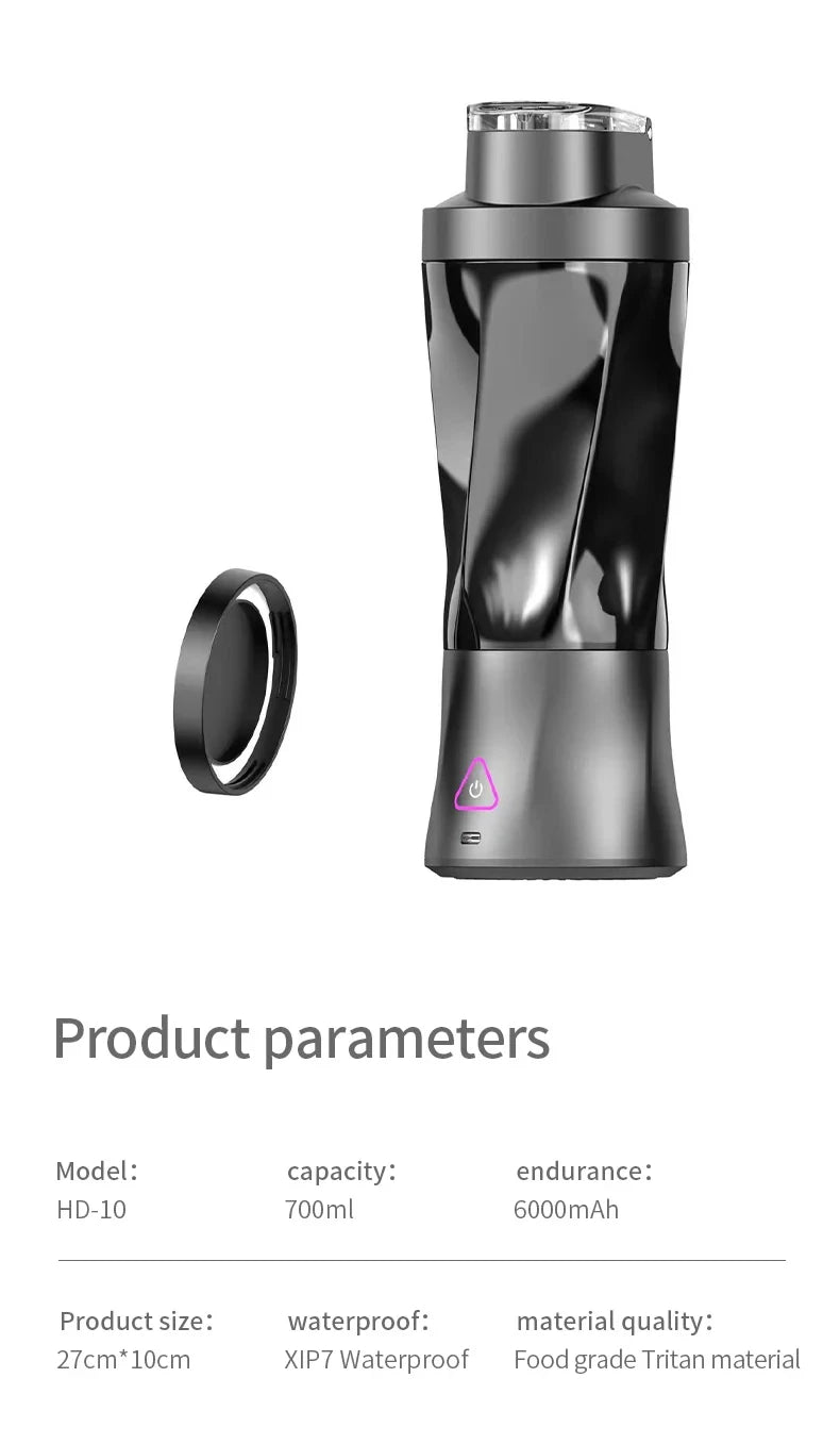 Black portable electric protein shaker with a 700ml twisted design, silver base, and power button, next to a lid.